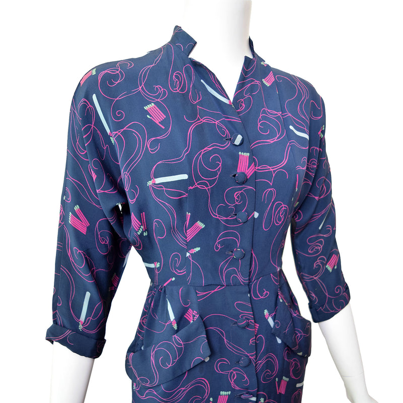 1940s Cigarette & Matches Print Dress
