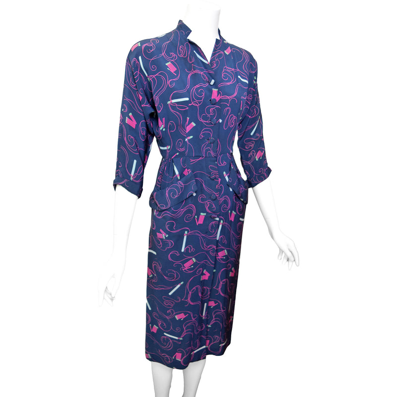 1940s Cigarette & Matches Print Dress