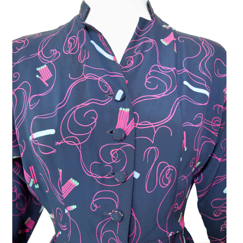 1940s Cigarette & Matches Print Dress