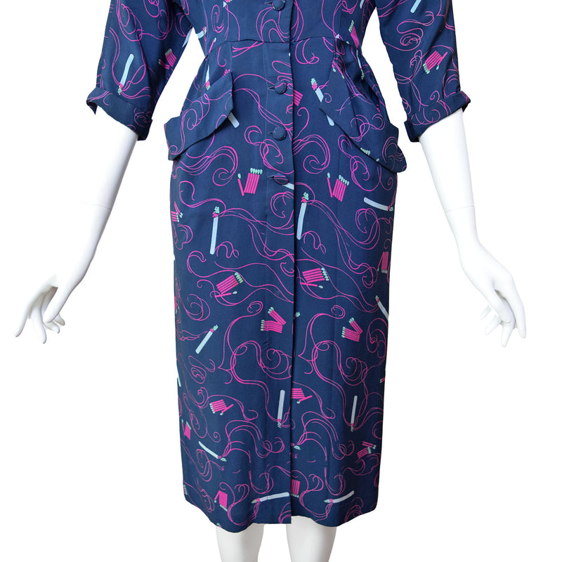 1940s Cigarette & Matches Print Dress