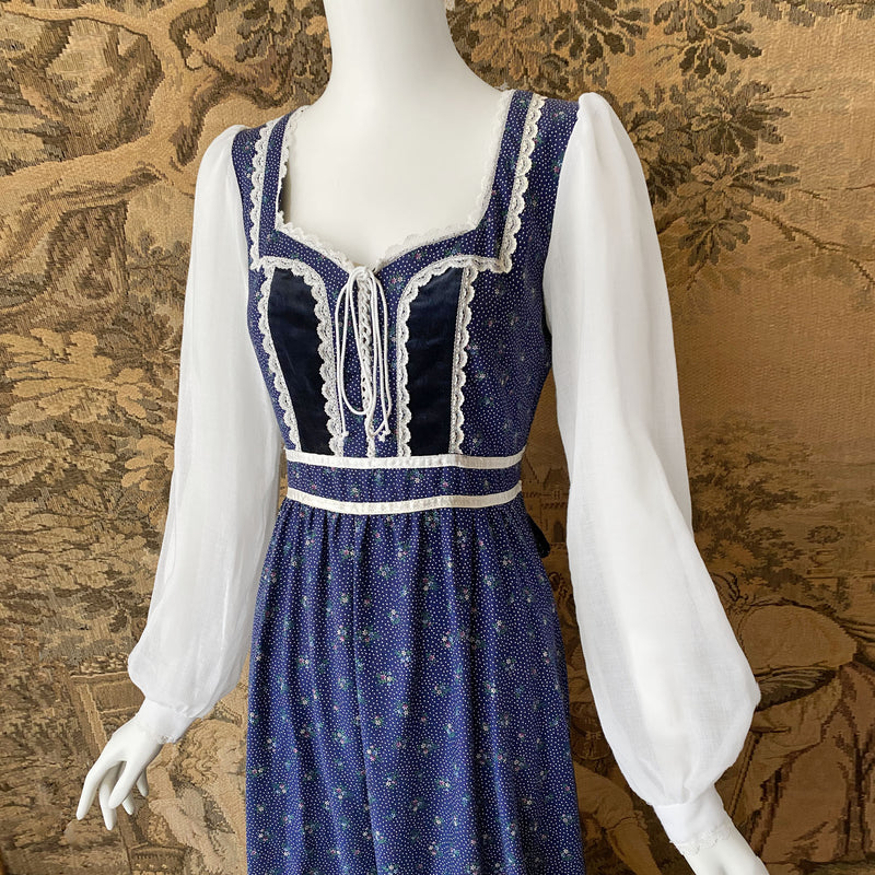 Gunne Sax 1970s Dark Blue Maxi Dress