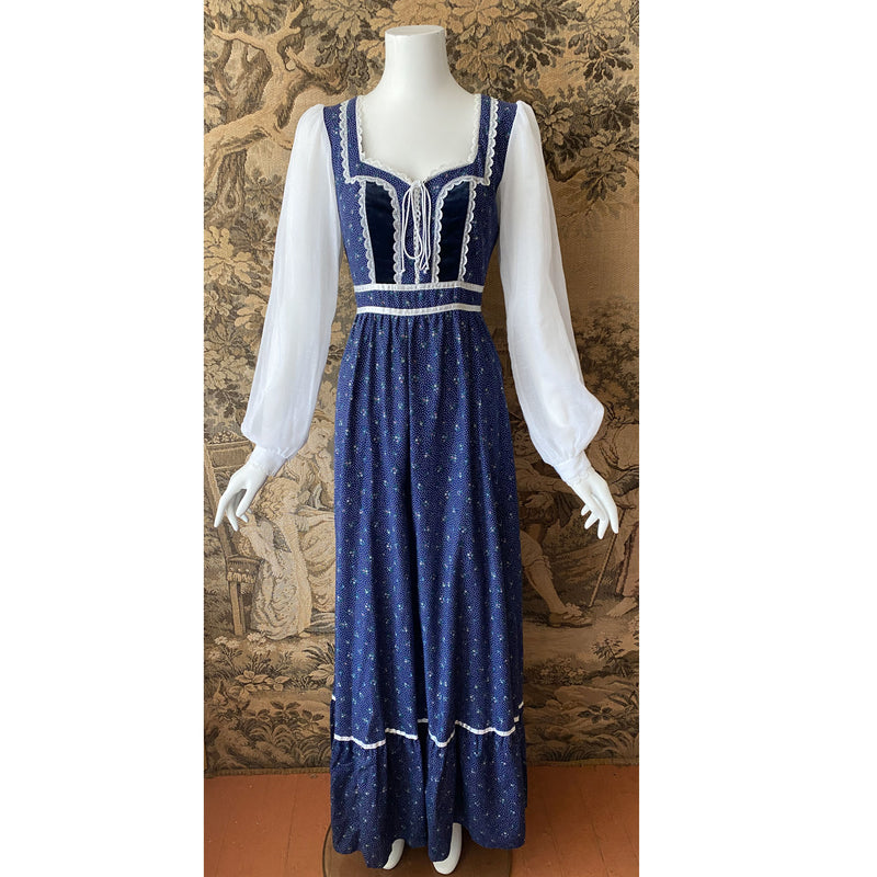 Gunne Sax 1970s Dark Blue Maxi Dress