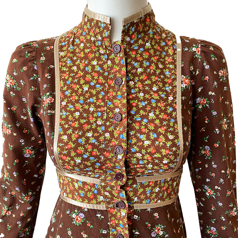 1970s Gunne Sax Brown Calico Dress