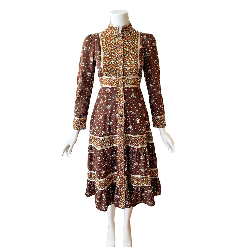 1970s Gunne Sax Brown Calico Dress