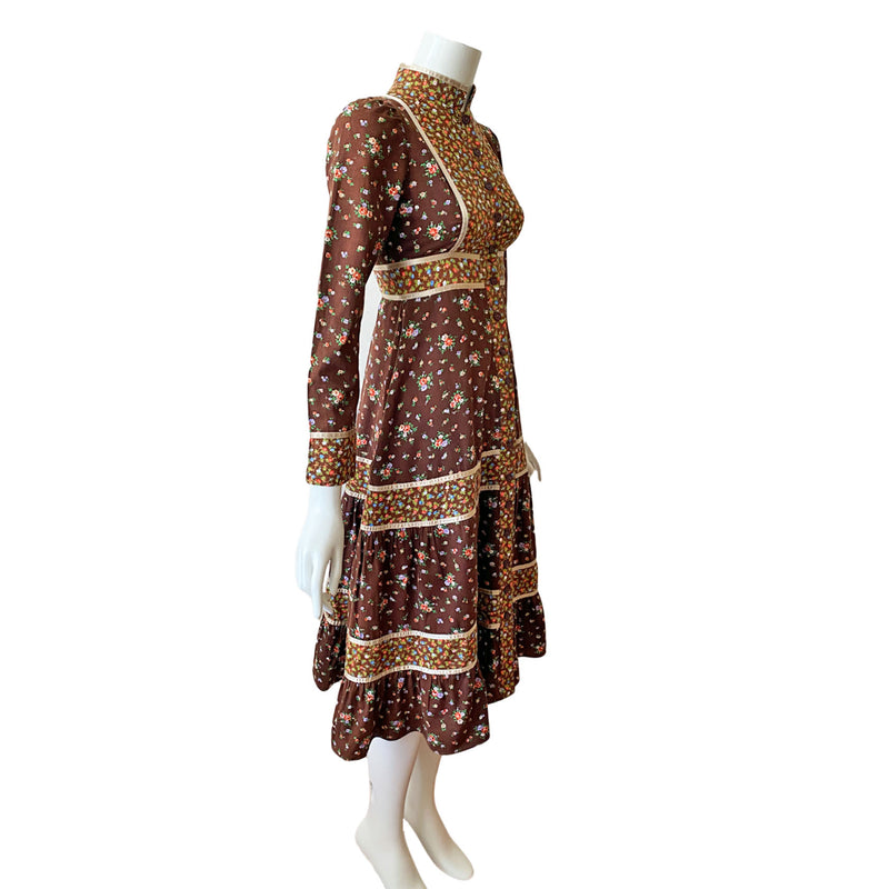 1970s Gunne Sax Brown Calico Dress