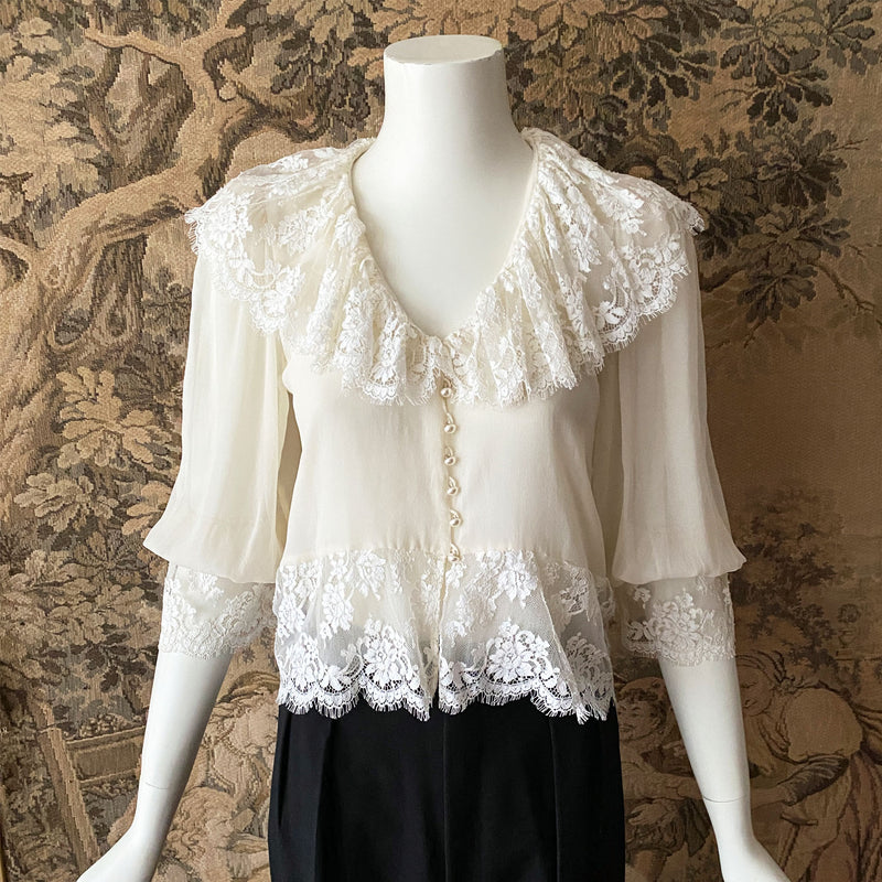 Hanae Mori 1980s Silk & Lace Blouse