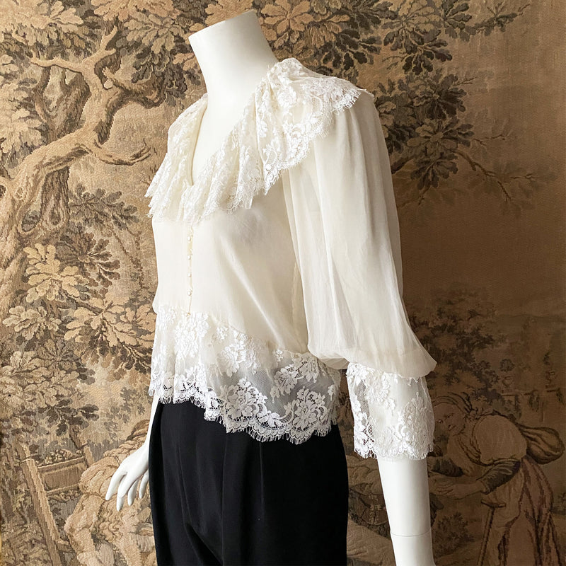 Hanae Mori 1980s Silk & Lace Blouse