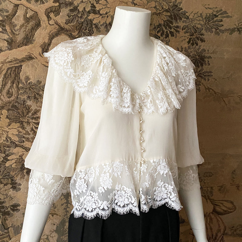 Hanae Mori 1980s Silk & Lace Blouse