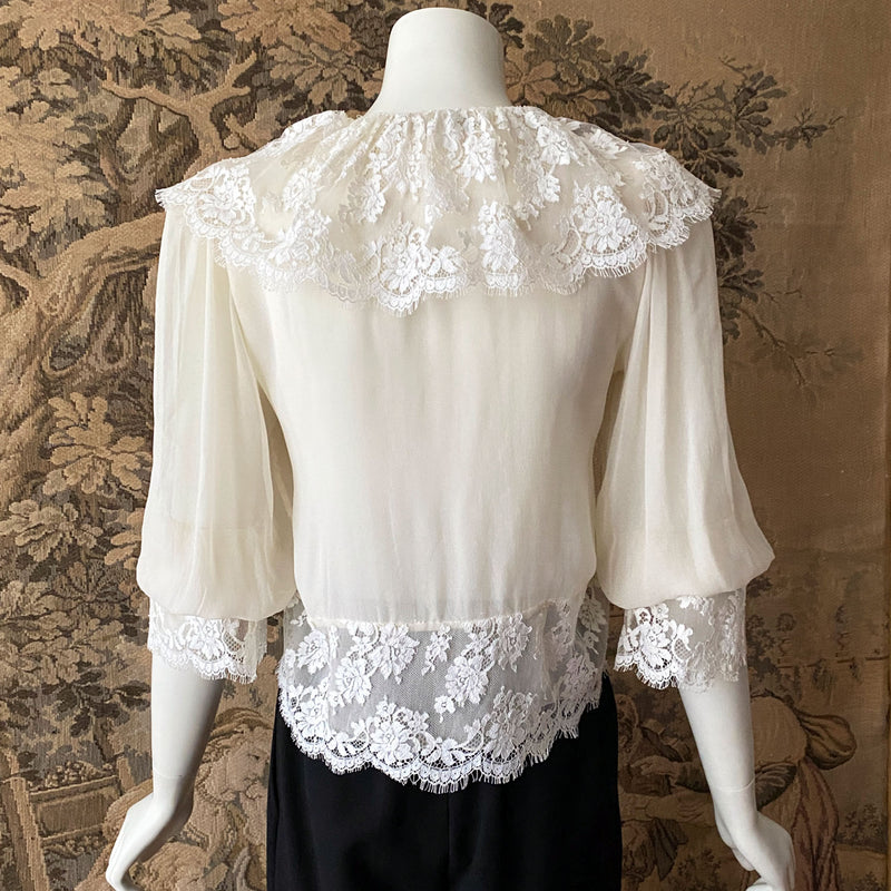 Hanae Mori 1980s Silk & Lace Blouse