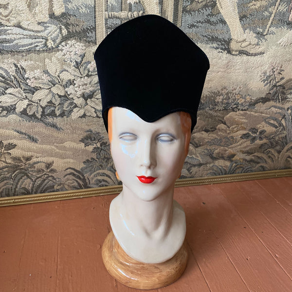 1940s Dramatic Black Velvet Hat