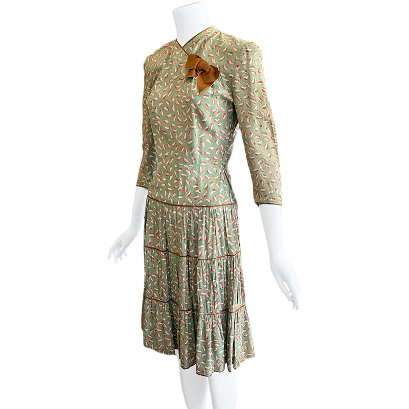 1930s Deco Leaf Print Dress