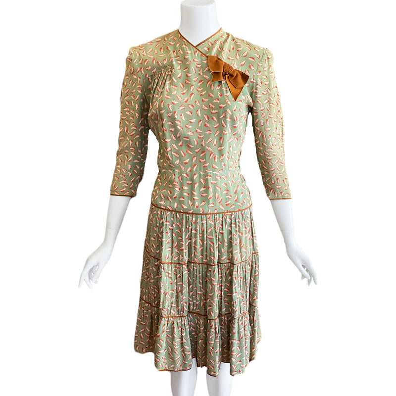 1930s Deco Leaf Print Dress