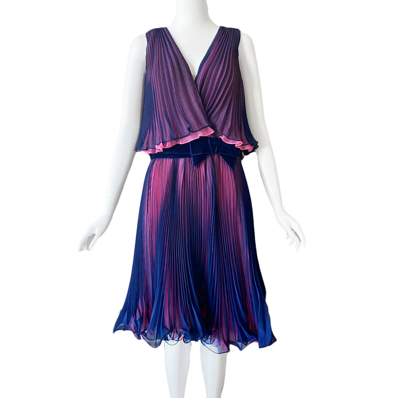1970s Navy & Pink Pleated Midi Dress by Miss Elliette