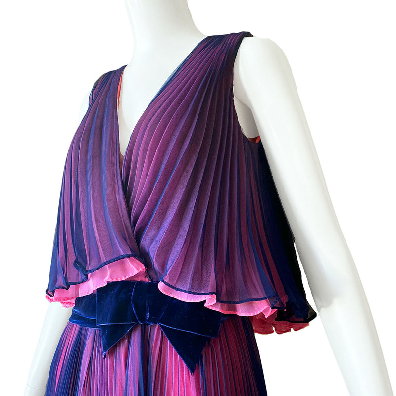 1970s Navy & Pink Pleated Midi Dress by Miss Elliette