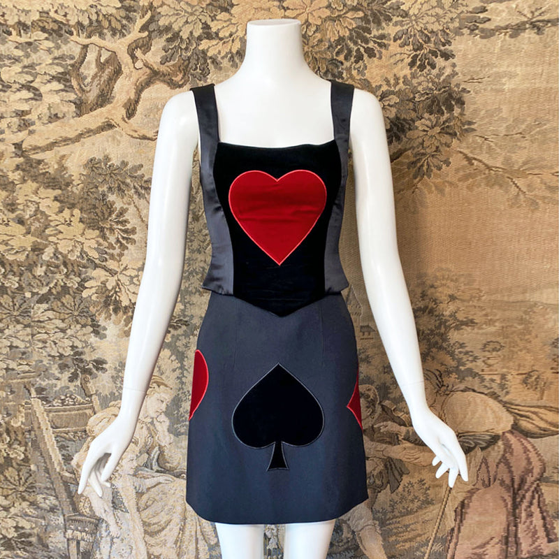 1990s Moschino Queen of Hearts Corset & Skirt Set
