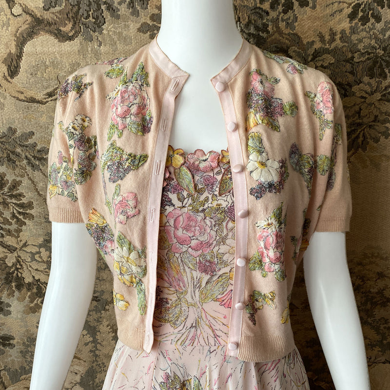 1950s Pink Floral Dress & Cardigan Set