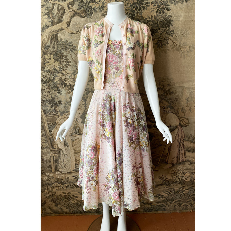 1950s Pink Floral Dress & Cardigan Set