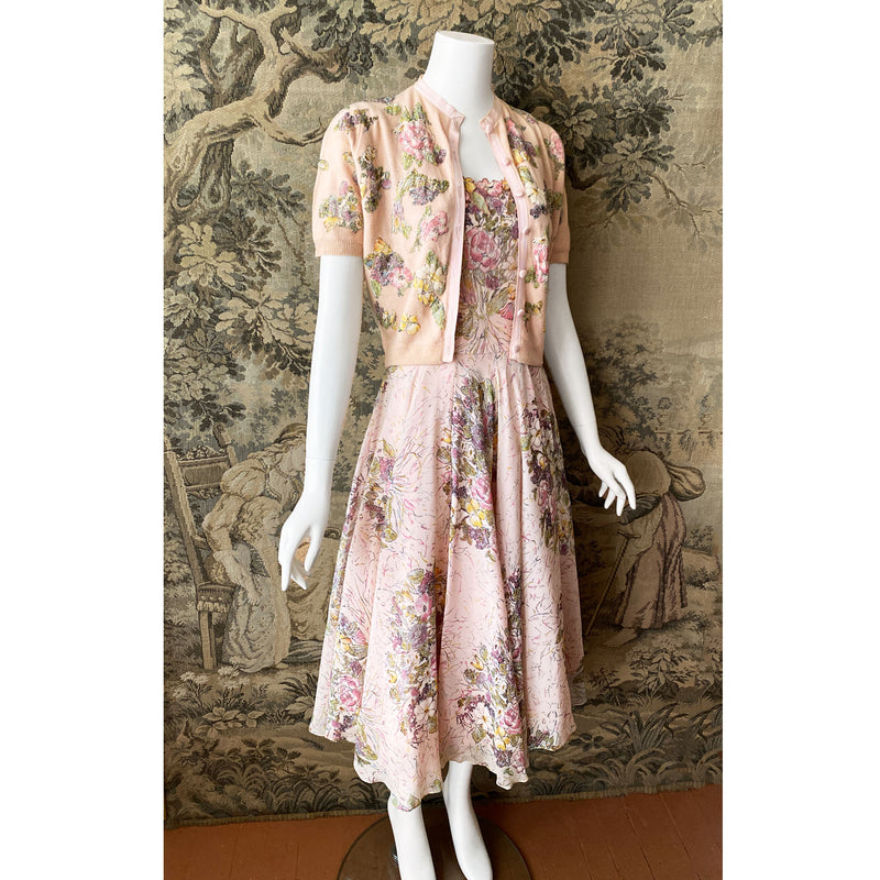 1950s Pink Floral Dress & Cardigan Set