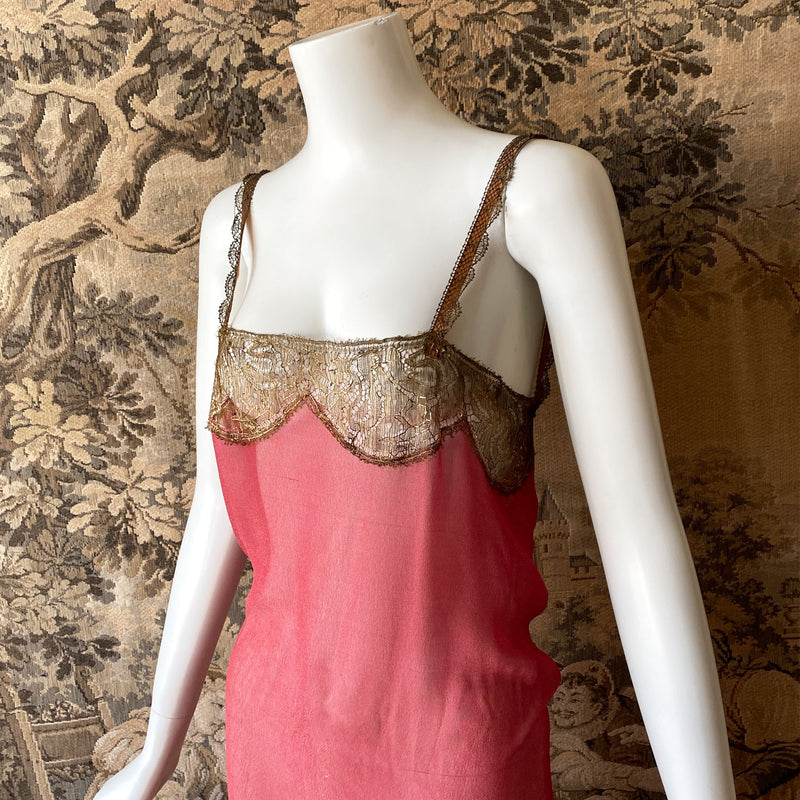 1920s Rose Gold Silk & Metallic Lace Slip Dress