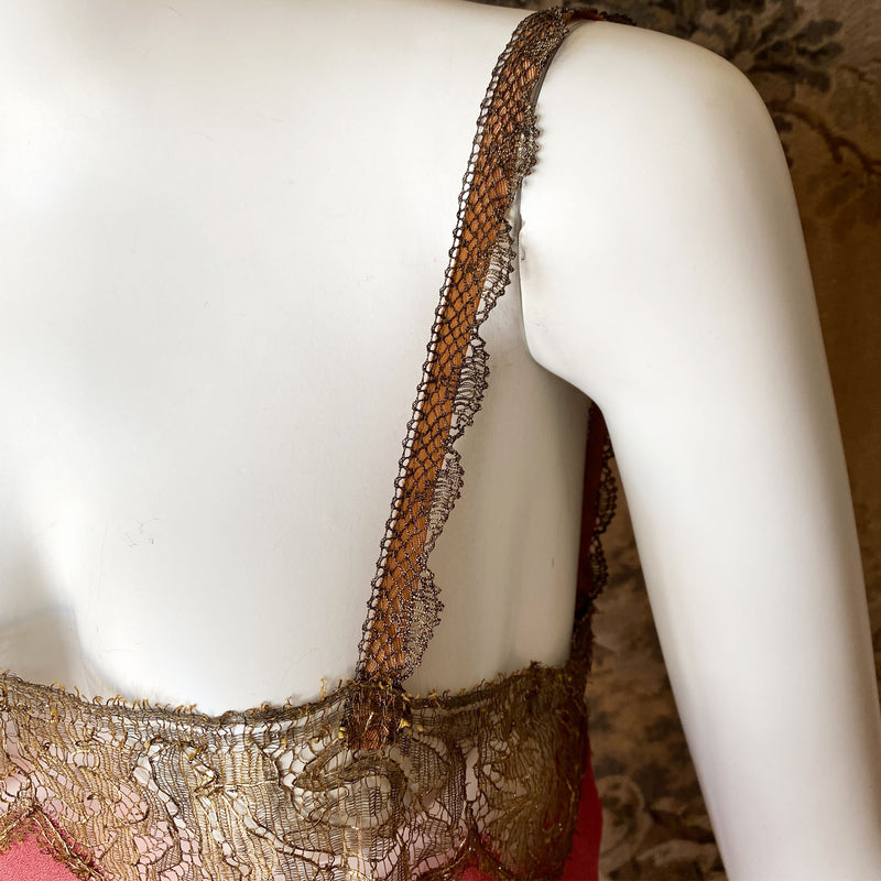 1920s Rose Gold Silk & Metallic Lace Slip Dress